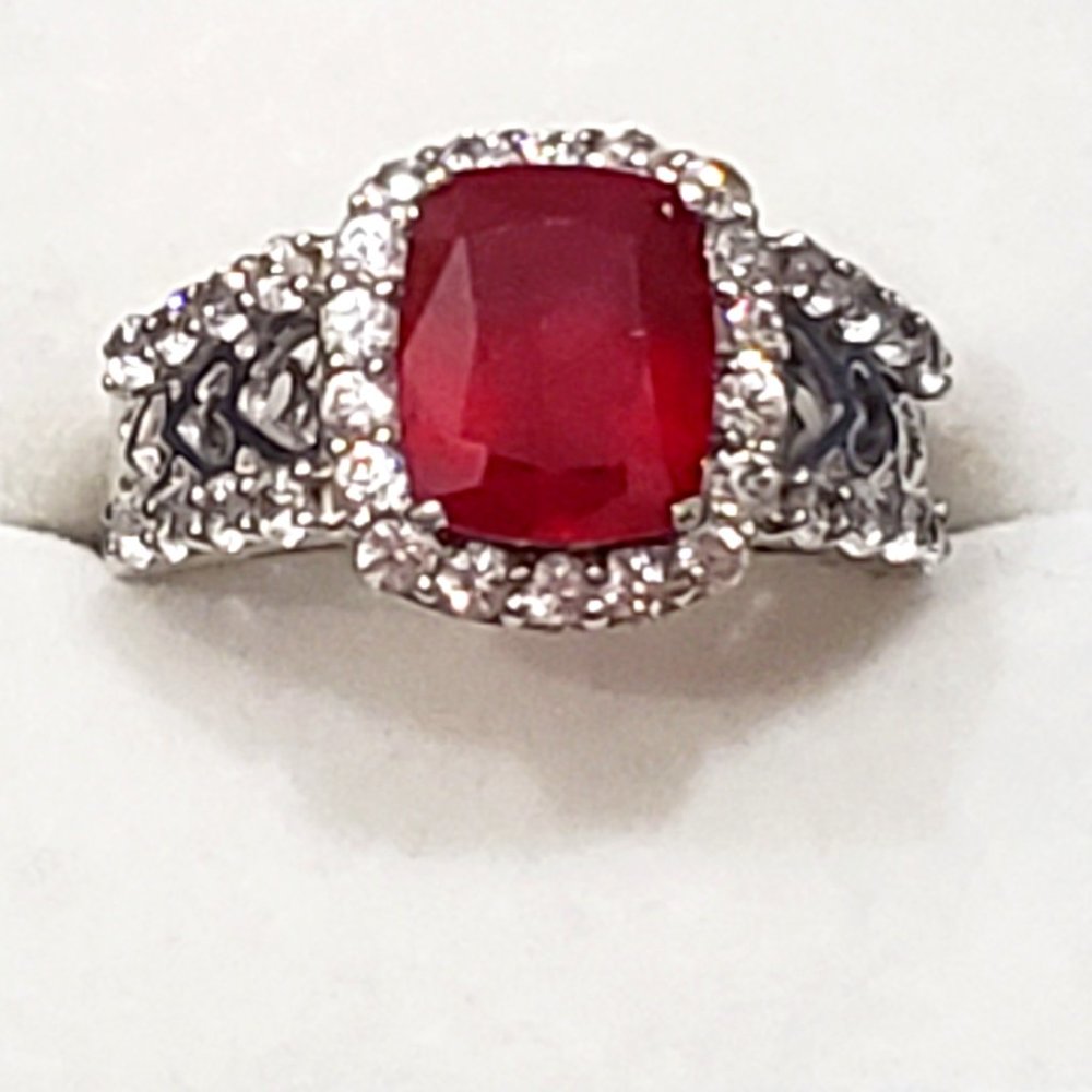 Niassa Ruby & White Zircon fancy halo ring in Platinum over 925 SS sz 8 4.50 tcw